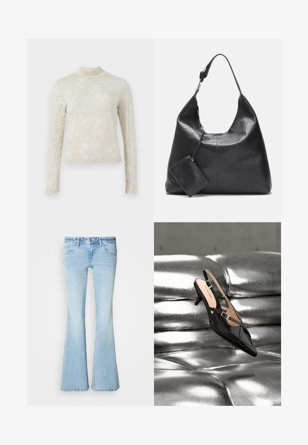 Cremefarvet blonde top med høj hals, lange ærmer og blomsterdesign, med en tætsiddende silhuet og struktureret overflade.; Lyseblå bootcut-jeans lavet af denim. Indeholder fem lommer, knaplukning og en falmet vask med subtile krøller.; Sort laklæder slingback kitten hæl med guldlås, der hviler på skinnende sølv tuftet læderpolstring.; Sort skuldertaske i læder med lang rem og fastgjort lille lynlåslomme, vist mod en ensfarvet lys baggrund.