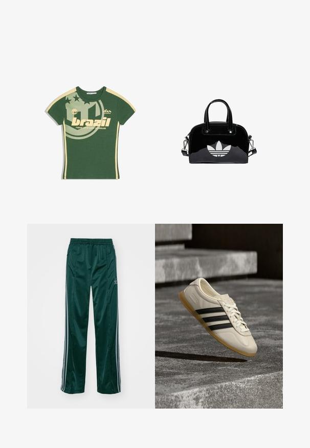 Groen T-shirt met korte mouwen met beige strepen op de mouwen en zijkanten, met de tekst "brazil" en een cirkelvormige afbeelding met sterren en competitiesymbolen.; Donkergroene sportbroeken van glanzend materiaal, met zijstrepens in lichtgrijs en een geborduurd logo op het linkerbeen.; Witte sneaker met zwarte strepen en rubberen zool zwevend boven betonnen trap in zacht daglicht.; Zwarte gepatenteerde leren handtas met een afgeronde vorm, dubbele handvaten bovenaan, zilveren accenten en een opvallend wit logo aan de voorkant.