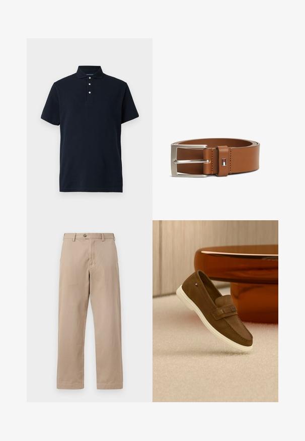 Polo de manga corta azul marino con cuello y tres botones blancos en la tapeta, mostrado sobre un fondo liso.; Pantalones chinos beiges hechos de algodón ligero, con cierre de cremallera y botón, y un diseño de pierna recta con bolsillos frontales.; Mocasín de ante marrón con suela blanca y detalle metálico, flotando sobre una alfombra clara junto a una pieza de mobiliario redonda y marrón brillante.; Cinturón de cuero marrón con hebilla rectangular plateada y pequeña etiqueta de logo rectangular con diseño en rojo, blanco y negro cerca de la hebilla.