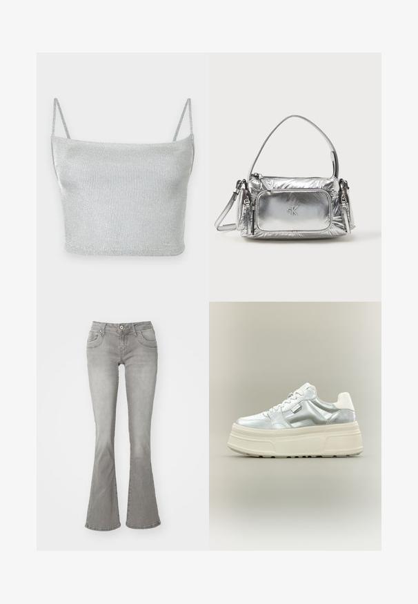 Ασημί μεταλλικό πλεκτό crop top με λεπτές ρυθμιζόμενες τιράντες. Εφαρμοστή σχεδίαση και ομαλή υφή. Χωρίς μοτίβα ή ορατές μεταλλικές λεπτομέρειες.; Γκρίζες φαρδιές τζιν με μεσαία μέση, μπροστινές τσέπες και κλείσιμο με κουμπί, φτιαγμένες από τζιν ύφασμα με λεία υφή.; Chunky sneaker με μεταλλικό ασημί επάνω μέρος, λευκά κορδόνια και παχιά κρεμ χρωματιστή υφή σόλας, εμφανίζεται σε πλευρική όψη σε ουδέτερο φόντο.; Μεταλλική ασημί τσάντα χεριού με ορθογώνιο σχήμα, κλείσιμο με φερμουάρ στην κορυφή και μπροστινή τσέπη. Διαθέτει κοντή λαβή και ρυθμιζόμενο λουρί. Υφή με υφαντό φινίρισμα.