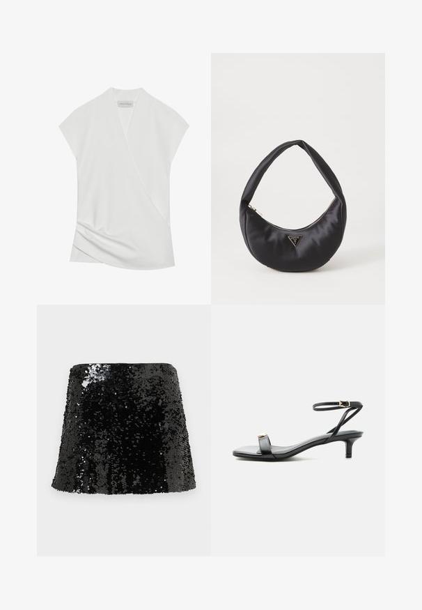 Blouse blanche à manches courtes avec un design drapé, présentant un léger tombé à l'ourlet et une texture lisse et douce. L'étiquette indique "ANNA FIELD."; Mini-jupe noire à sequins avec une coupe ajustée, une texture brillante et une forme trapèze. Surface recouverte de sequins réfléchissants.; Sandale noire en cuir à bout ouvert avec petit talon kitten, fine bride de cheville avec boucle dorée et accent décoratif doré sur la bride avant.; Sac à main en satin noir avec une forme courbée, doté d'une fermeture à glissière et d'un logo triangulaire en métal à l'avant. Texture lisse et design épuré.