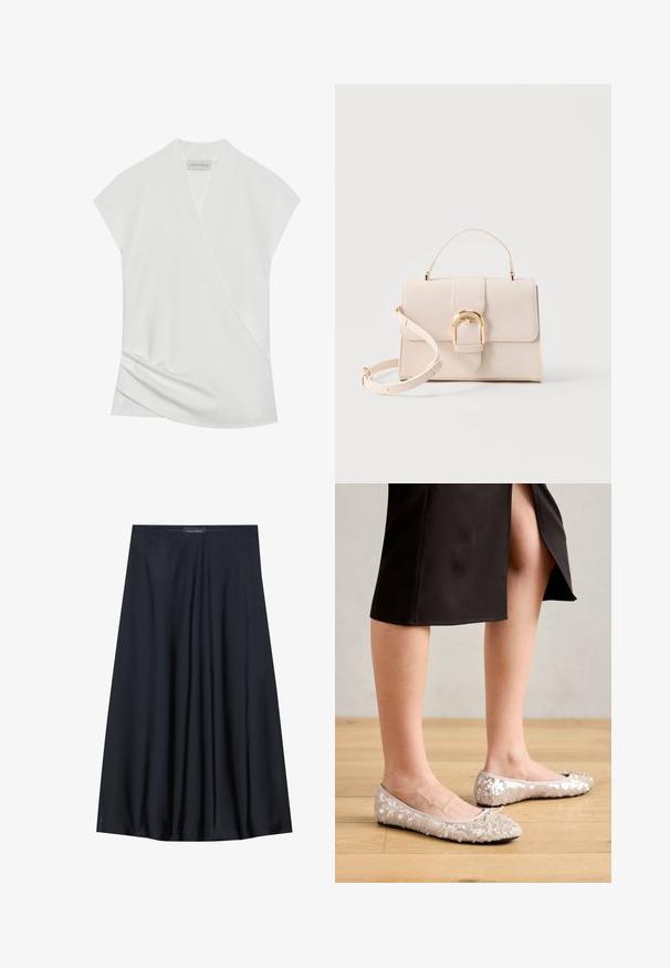 Blouse blanche à manches courtes avec un design drapé, présentant un léger tombé à l'ourlet et une texture lisse et douce. L'étiquette indique "ANNA FIELD."; Jupe noire, arrivant aux genoux, en tissu léger avec un design fluide. Présente une texture lisse et de subtils plis pour un détail supplémentaire.; Ballerines en sequins beiges avec un bout rond, ornées d'un accent nœud, associées à une jupe noire, exposées sur un sol en bois.; Sac à main beige structuré avec poignée supérieure, bandoulière détachable et boucle arquée couleur or sur un fond clair.