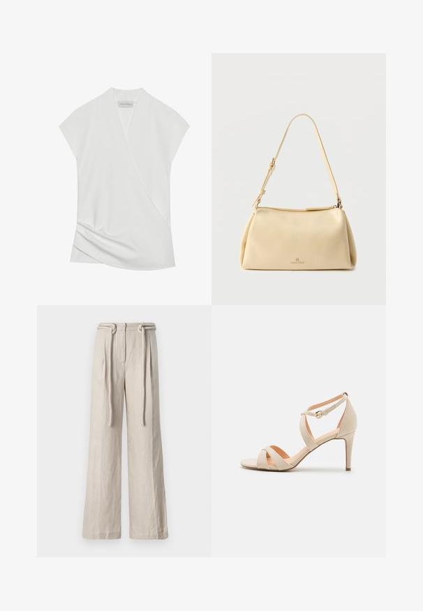 Hvid kortærmet bluse med indviklet design, der har diskret drapering ved kanten og en glat, blød tekstur. Mærket siger "ANNA FIELD."; Bredbeinede bukser i lyse beige linned med høj talje, frontplisseringer og en bundet bælte detalje. Glat tekstur og afslappet pasform.; Beige ruskinds høje hæle sandaler med åben tå, krydset stropdesign og ankelrem med en guldfarvet spænde.; Beige rektangulær skuldertaske med justerbar rem og lynlås, med en lille "Anna Field"-logo midt foran.