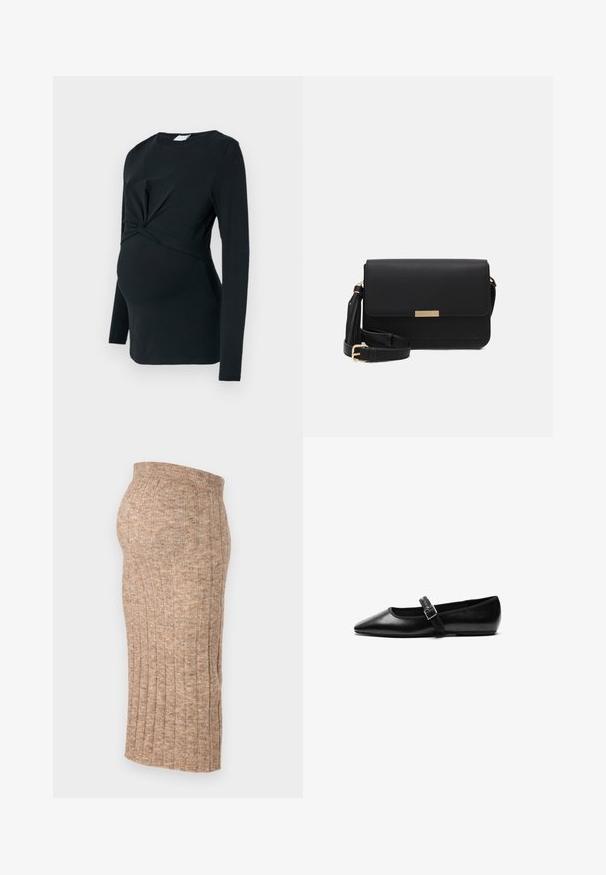 Blusa de maternidad negra de manga larga con detalle frontal retorcido, hecha de una tela suave, con forma ajustada y escote redondo.; Falda marrón de canalé con cintura elástica, de longitud hasta la rodilla, con una textura suave y un patrón consistente, vista lateral presentada sobre un fondo blanco.; Zapato plano negro de cuero con punta afilada, correa ajustable con hebilla de metal, textura suave y diseño minimalista.; Bolso cruzado de cuero negro con cierre de solapa, acentos en dorado, correa ajustable y superficie texturizada. Forma rectangular compacta.