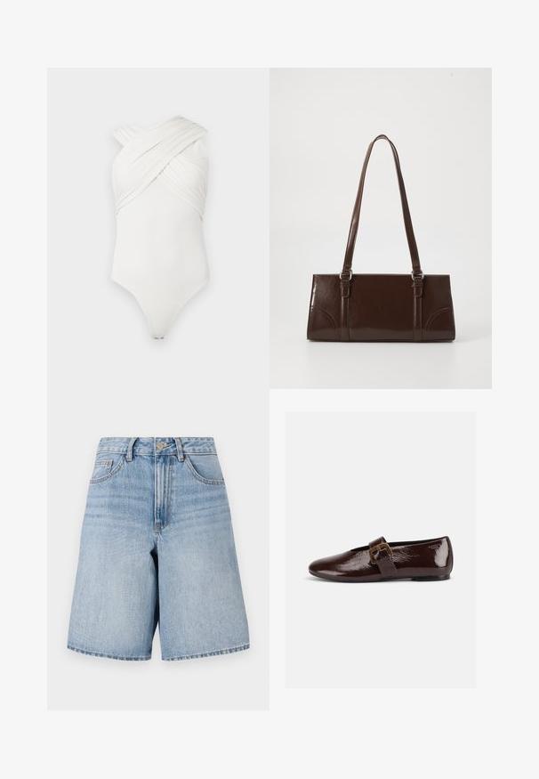 Bodysuit blanc avec un design croisé, fabriqué en tissu lisse et extensible ; présente des détails froncés à l'avant et une fermeture à pressions au bas.; Shorts en denim bleu clair avec taille haute, jambes larges et poches avant. Dotés d'un bouton supérieur et d'une fermeture éclair. Fini vieilli.; Chaussure plate en cuir verni marron foncé avec une large bride à boucle dorée et un bout arrondi, présentée de profil sur fond blanc.; Sac à main en cuir verni marron de forme rectangulaire, avec deux longues poignées et des accents courbés subtils à l'avant.