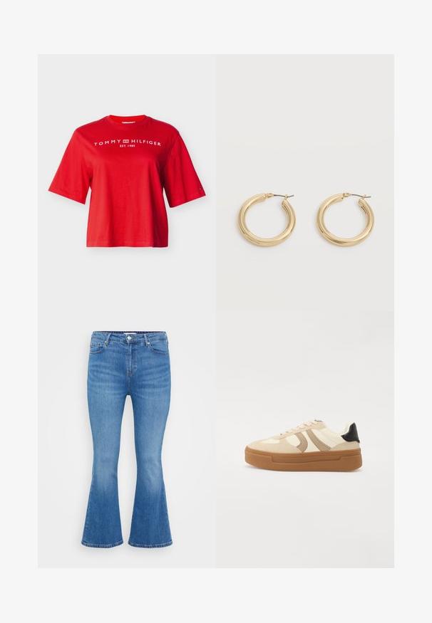 Κόκκινο κοντομάνικο T-shirt Tommy Hilfiger με λευκό κείμενο λογότυπου και έμβλημα στο στήθος και μικρό λογότυπο σημαίας στο αριστερό μανίκι.; Απαλά μπλε τζιν φλαρέ παντελόνια με ψηλή μέση, πέντε τσέπες και κλασικό κούμπωμα με κουμπί. Λείο ύφασμα με διακριτική φθορά.; Κρέμα και μπζέ σνίκερ με καφέ ελαστική σόλα, σουέτ πλευρικές λεπτομέρειες και μαύρο τακούνι. Διαθέτει στρογγυλά κορδόνια και επίπεδο σχέδιο.; Ζευγάρι λαμπερών χρυσών χοντρών κρίκων με μεταλλικά στελέχη σε ανοιχτό γκρι φόντο.