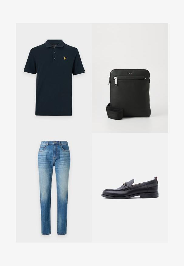 Polo shirt marine en coton, doté d'un col classique, d'une patte de boutonnage à trois boutons et d'un petit logo aigle jaune sur la poitrine gauche.; Jean en denim bleu clair, coupe droite, avec taille haute, décoloration subtile et style classique à cinq poches. Fermeture à bouton en métal.; Mocassin en cuir noir avec empeigne texturée grise, détail boucle en métal argenté, petit talon et languette à l'arrière.; Sac bandoulière en cuir noir avec un design plat, surface texturée, fermeture éclair, poche avant et une sangle en tissu ajustable.