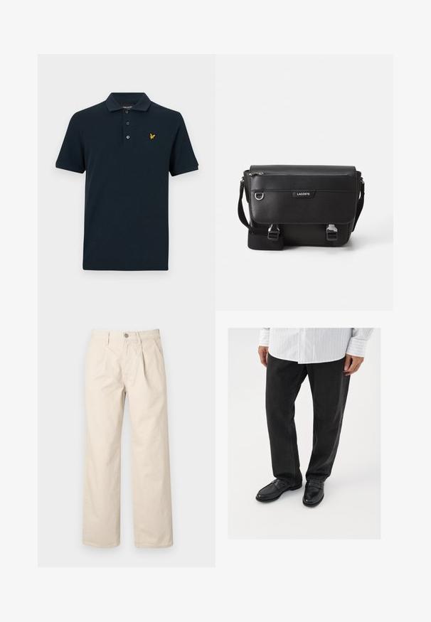 Marineblå polo-shirt lavet af bomuld, med en klassisk krave, tre-knaps placket og et lille gult ørne-logo på venstre bryst.; Beige brede bukser med høj talje, der har folder foran, en knappelukning foran og et glat bomuldsstof.; Sorte denimbukser parret med skinnende sorte loafers. Skjorten er hvid med tynde lodrette striber, har lange ærmer og en knapkrave.; Sort tekstureret Lacoste messengertaske med justerbar rem, frontklap, lynlås lomme og metalspænder.