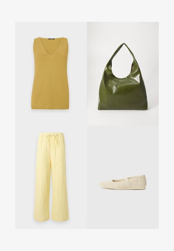 Top sans manches jaune moutarde avec un décolleté en V, fabriqué à partir d'un matériau tricoté texturé, présentant un design simple et droit.; Pantalon jaune ample avec des rayures blanches verticales et une taille élastique dotée d'un cordon noué.; Ballerines beiges avec une exterior en cuir lisse, un bout en forme d'amande et une sangle élastique sur le coup de pied, avec des détails de couture subtils.; Sac hobo en cuir vert au design décontracté, avec une poignée incurvée et une texture lisse. Ne contient aucun matériel ou accent visible.