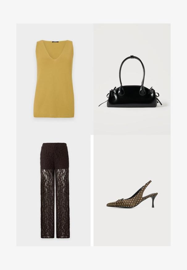 Top sans manches jaune moutarde avec un décolleté en V, fabriqué à partir d'un matériau tricoté texturé, présentant un design simple et droit.; Pantalon en dentelle marron avec partie haute de la cuisse opaque et jambes en dentelle transparente, coupe droite et taille élastique.; Chaussure à talon haut slingback marron à pois blancs, bout pointu, petit nœud et talon stiletto noir sur fond uni.; Petit sac à main noir brillant avec deux longues anses et des détails à cordon sur les côtés sur un fond clair uni.