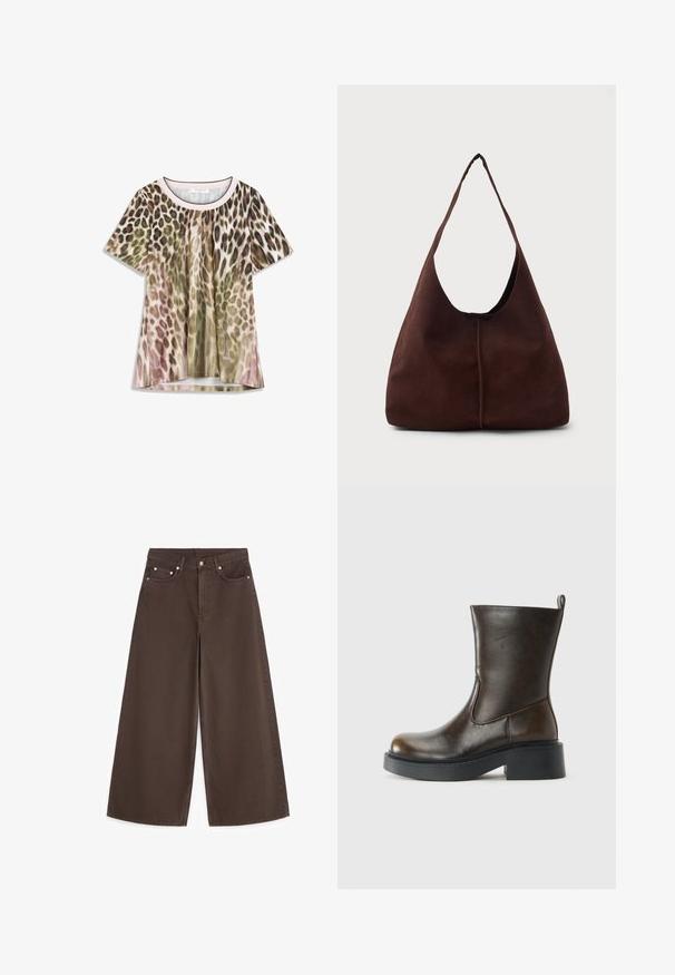 Haut à manches courtes avec imprimé léopard dans des nuances de brun, vert et rose. Tissu lisse, encolure ronde et coupe décontractée.; Jean marron taille haute à jambes larges, avec bouton devant, fermeture éclair et cinq poches, posé à plat sur fond blanc.; Botte en cuir marron foncé jusqu'au mollet avec un bout rond, épaisse semelle noire, petit talon block, et une languette à l'arrière.; Sac hobo en daim marron avec une grande ouverture courbée et une large bandoulière. Présente une couture centrée à l'avant. Texture lisse.