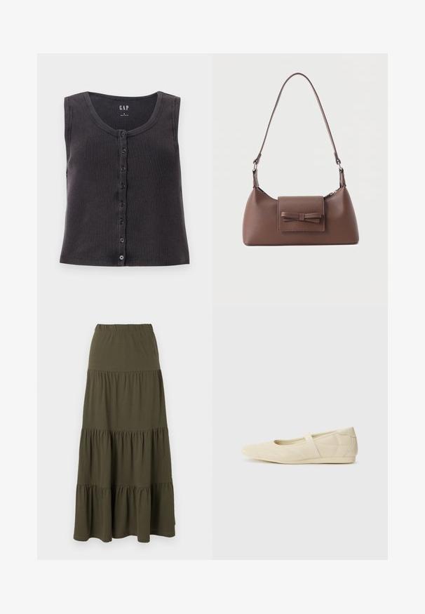 Top sans manches en ribbed gris foncé avec un col rond et une patte de boutonnage à l'avant. Les motifs présentent une texture subtile et six boutons noirs.; Jupe maxi verte olive à volants avec taille élastique et panneaux de tissu froncés.; Ballerines beiges avec une exterior en cuir lisse, un bout en forme d'amande et une sangle élastique sur le coup de pied, avec des détails de couture subtils.; Sac à bandoulière en cuir marron avec une poche à rabat avant ornée d'un détail en forme de nœud cousu et une sangle réglable.
