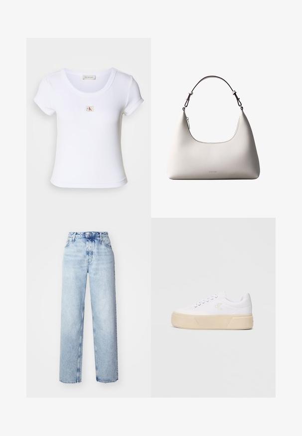 Camiseta ajustada blanca hecha de tela acanalada, con un cuello redondo y mangas cortas. Un pequeño logo de CK está bordado en el pecho.; Jeans de tiro alto color azul claro con un corte holgado, que cuentan con piernas rectas, cinco bolsillos y un cierre clásico de botones y cremallera.; Zapatillas de lona blancas con una suela de plataforma gruesa en color beige, con un sutil logo bordado en el costado y un diseño clásico de cordones.; Bolso de hombro de cuero color crema de Calvin Klein con borde superior curvado, cremallera plateada y correa ajustable marrón oscuro.