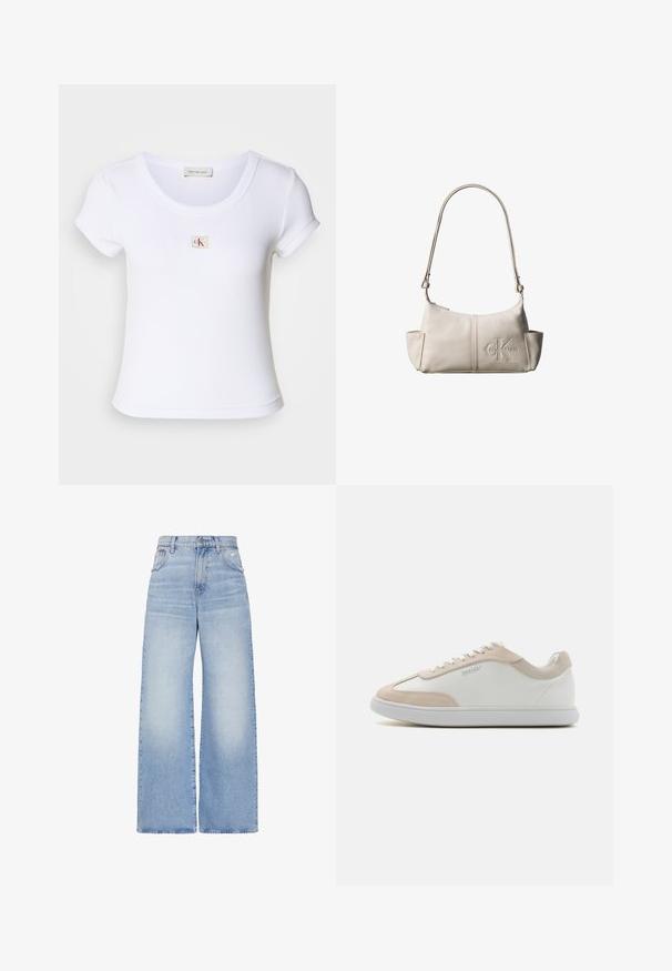 Weißes, tailliertes T-Shirt aus geripptem Stoff, mit einem runden Halsauschnitt und kurzen Ärmeln. Ein kleines CK-Logo ist auf der Brust gestickt.; Hellblaue Jeans mit hoher Taille und weitem Bein, vorne mit Knopf- und Reißverschluss, vorderen und hinteren Taschen sowie einem leicht verwaschenen Detail an der rechten Tasche.; Weiße Ledersneaker mit beigen Wildleder-Akzenten und weißen Schnürsenkeln. Sie verfügen über eine runde Zehenform und eine gepolsterte Sohle für zusätzlichen Komfort.; Kleine beige Leder-Schultertasche mit verstellbarem Riemen und geprägt Calvin Klein-Logo vorne in der Mitte.