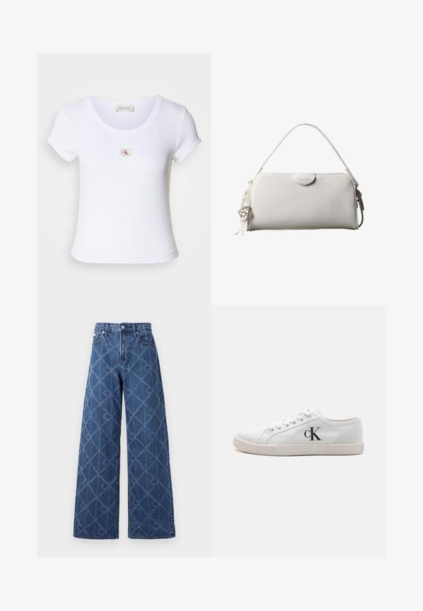 Witte fitted t-shirt van ribstof, met een ronde halslijn en korte mouwen. Een klein CK-logo is op de borst gestikt.; Wijde spijkerbroek in donkerblauw met een diamantpatroon, contrasterende stiksels en een knoopsluiting in de taille.; Witte canvas sneakers met een low-top ontwerp, voorzien van een rubberen zool en een zwart "CK" logo aan de zijkant. Zes veterogen met witte veters.; Witte rechthoekige Calvin Klein handtas met enkele handgreep, minimalistisch ontwerp en decoratieve kwastjes met geometrische metalen hanger aan de zijkant.