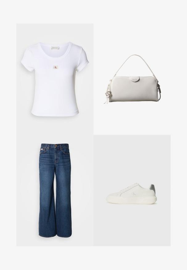 Hvid tætsiddende t-shirt lavet af ribbet stof, med rund halsudskæring og korteærmer. Et lille CK-logo er syet på brystet.; Bredde jeans lavet af mørkeblåt denim. Funktioner inkluderer en høj talje, fem lommer og kontrasterende orange syninger langs sømmene.; Hvide sneakers lavet af læder med en glat tekstur, forsynet med en sølvaccent på hælen, flad sål og minimalistisk design.; Hvid rektangulær Calvin Klein håndtaske med enkelt håndtag, minimalistisk design og dekorative kvaster med geometrisk metalvedhæng på siden.