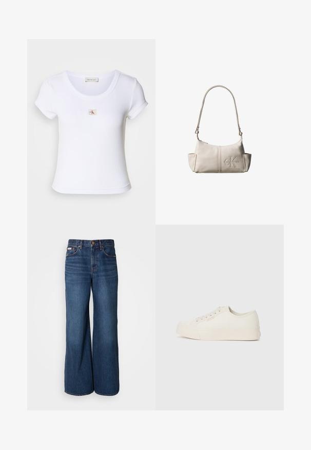 Camiseta ajustada blanca hecha de tela acanalada, con un cuello redondo y mangas cortas. Un pequeño logo de CK está bordado en el pecho.; Vaqueros de pierna ancha hechos de denim azul oscuro. Incluyen una cintura alta, cinco bolsillos y costuras en contraste de color naranja a lo largo de las costuras.; Zapatillas de lona color marfil, con un diseño de corte bajo, punta redonda y suela de goma plana con un sutil detalle de costura.; Pequeña bolsa de hombro de cuero beige con correa ajustable y logotipo de Calvin Klein en relieve en el centro delantero.