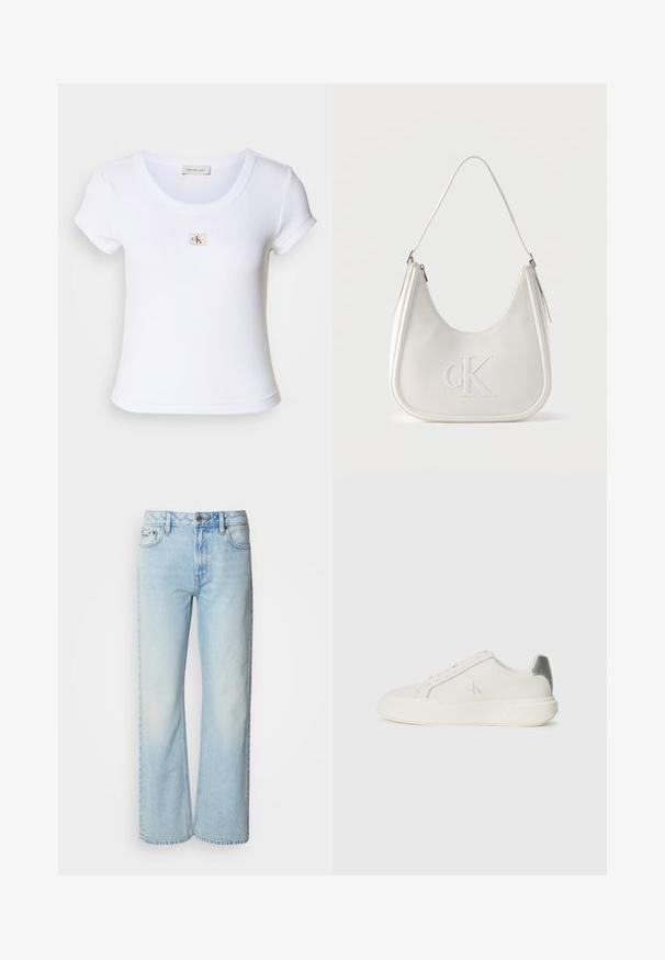 Weißes, tailliertes T-Shirt aus geripptem Stoff, mit einem runden Halsauschnitt und kurzen Ärmeln. Ein kleines CK-Logo ist auf der Brust gestickt.; Helle blaue weit geschnittene Jeans aus Denim, mit einem klassischen Fünf-Taschen-Design und einer dezenten, gewaschenen Textur. Die Denim-Nähte sind sichtbar.; Weißer Sneaker aus Leder mit glatter Textur, ausgestattet mit einem silbernen Akzent an der Ferse, flacher Sohle und minimalistischem Design.; Weiße Leder-Umhängetasche mit Reißverschluss, geschwungener Form und erhabenem, auf der Vorderseite geprägtem CK-Logo.