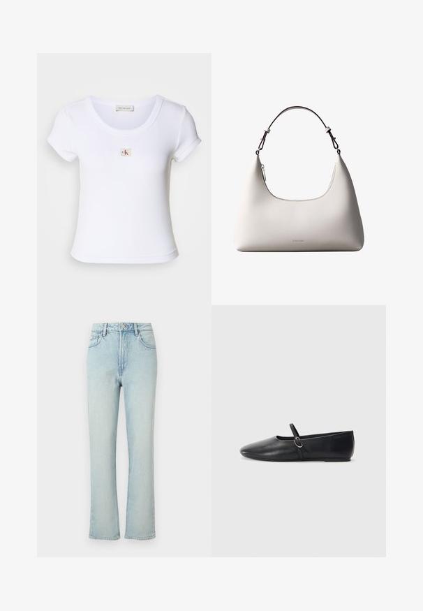 Weißes, tailliertes T-Shirt aus geripptem Stoff, mit einem runden Halsauschnitt und kurzen Ärmeln. Ein kleines CK-Logo ist auf der Brust gestickt.; Hellblaue Jeans mit hoher Taille und geradem Bein, vorne mit Knopf, Gürtelschlaufen und klassischem Fünf-Taschen-Design auf einfarbigem Hintergrund.; Schwarze Leder-Ballettschuhe mit spitzem Schuhzeug, flacher Sohle und einem kleinen Riemen mit silberner Schnalle.; Cremefarbene Calvin Klein Lederschultertasche mit gebogener Oberkante, silbernem Reißverschluss und dunkelbraunem verstellbarem Riemen.