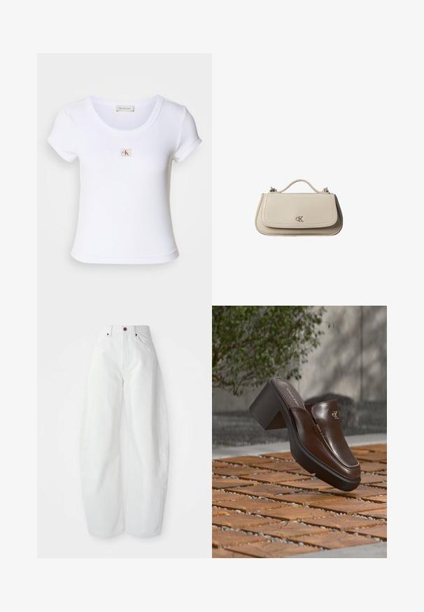 Weißes, tailliertes T-Shirt aus geripptem Stoff, mit einem runden Halsauschnitt und kurzen Ärmeln. Ein kleines CK-Logo ist auf der Brust gestickt.; Hochtaillierte weiße Denim-Hose mit lockerer Passform. Einfacher Knopfverschluss, seitliche Taschen und minimalistisches Design. Glatte Textur.; Braune Leder-Calvin Klein Absatzpantolette, die über einem Holzboden mit verschwommenem grünem Pflanzen- und Wandhintergrund schwebt.; Kleine beigefarbene Lederhandtasche mit oberem Griff und silbernem CK-Logo auf der Frontklappe, vor weißem Hintergrund dargestellt.