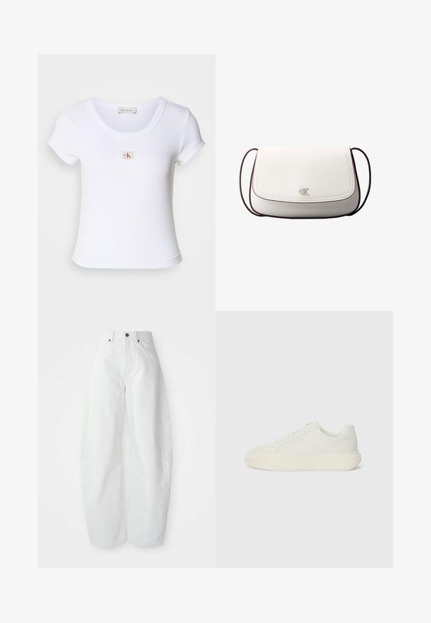 Camiseta ajustada blanca hecha de tela acanalada, con un cuello redondo y mangas cortas. Un pequeño logo de CK está bordado en el pecho.; Pantalones de mezclilla blancos de tiro alto con un corte holgado. Presentan un cierre de botón, bolsillos laterales y un diseño minimalista. Textura suave.; Zapatilla baja blanca con suela gruesa, cierre de cordones, sutil logo de Calvin Klein en el lateral y panel de talón acolchado.; Bolso bandolera blanco con cierre de solapa, pequeño logo plateado "cK" centrado y correa ajustable delgada de color marrón oscuro.