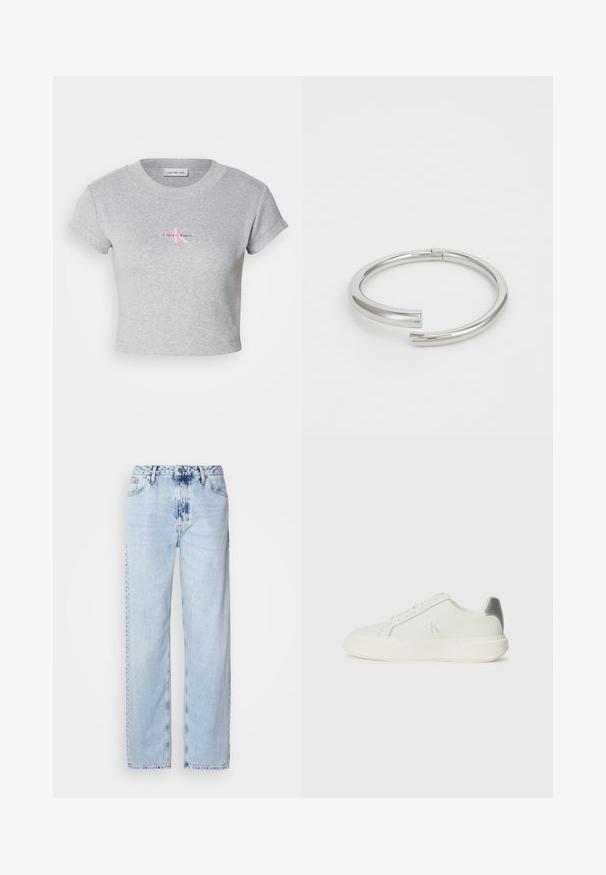 Camiseta gris corta de algodón, con textura de canalé y mangas cortas. Presenta un logo rosa de Calvin Klein en la parte delantera.; Jeans de pierna ancha en azul claro, confeccionados en denim, con una cintura alta, un lavado desgastado y un sutil patrón de tie-dye en la parte delantera.; Zapatilla blanca de cuero con textura suave, que presenta un acento plateado en el talón, suela plana y un diseño minimalista.; Calvin Klein SPIRAL - Pulsera - silver-coloured