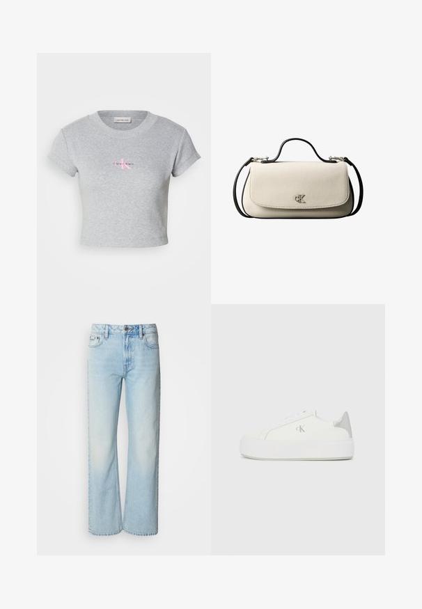 Grijze crop top gemaakt van katoen, met een geribbelde textuur en korte mouwen. Toont een roze Calvin Klein-logo op de voorkant.; Lichtblauwe wijde jeans van denim, voorzien van een klassiek vijf-pocket ontwerp en een subtiele vervaagde textuur. Denimstiksels zijn zichtbaar.; Witte canvas sneakers met een dikke witte zool, voorzien van een metallic zilveren accent op de hiel en een subtiel logo detail aan de zijkant.; Crèmekleurige rechthoekige handtas met zwarte riem en handvat, voorflapsluiting en een klein zilverkleurig "cK"-logo in het midden van de voorkant.
