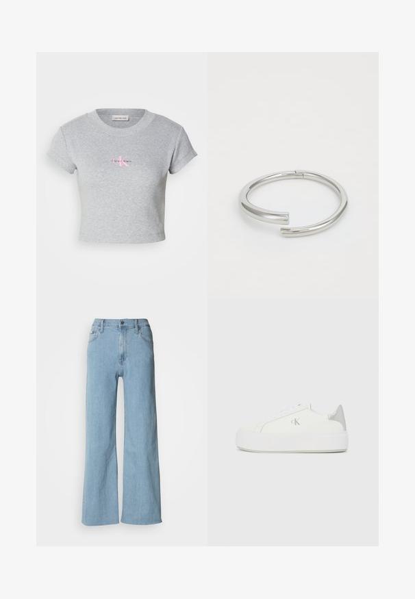 Grijze crop top gemaakt van katoen, met een geribbelde textuur en korte mouwen. Toont een roze Calvin Klein-logo op de voorkant.; Lichtblauwe wijde jeans van denim, met een aansluitende taille, vijf-pocket ontwerp en subtiele stiksels.; Witte canvas sneakers met een dikke witte zool, voorzien van een metallic zilveren accent op de hiel en een subtiel logo detail aan de zijkant.; Calvin Klein SPIRAL - Armband - silver-coloured