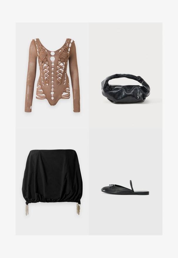 Langærmet brun mesh bodysuit med indviklede udskæringer, snørebånd foran og dekorerende perler langs kanterne mod en hvid baggrund.; Sort cropped top med en samlede design, med elastisk kant og metalliske clips som detaljer. Fremstillet af et letvægtsstof.; Sort læderskklæde med rund tå, sideskæringer og en tynd strop ved hælen. Glat tekstur med et minimalistisk design.; Sort taske lavet af blankt, tekstureret materiale med et cirkulært, snoet håndtag og lynlås. Har et blødt, rynket design.