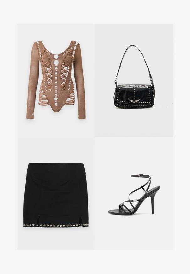 Langærmet brun mesh bodysuit med indviklede udskæringer, snørebånd foran og dekorerende perler langs kanterne mod en hvid baggrund.; Ludovic de Saint Sernin LISETTE - Mini skirts - black; Sort højhælet sandal med tynde stropper, en ankelspænde, en glat læderoverflade og en slank stilethæl.; Sort læder skuldertaske med sølvlignende nitter og vingeformet metalemblem på frontklappen mod en ensfarvet baggrund.