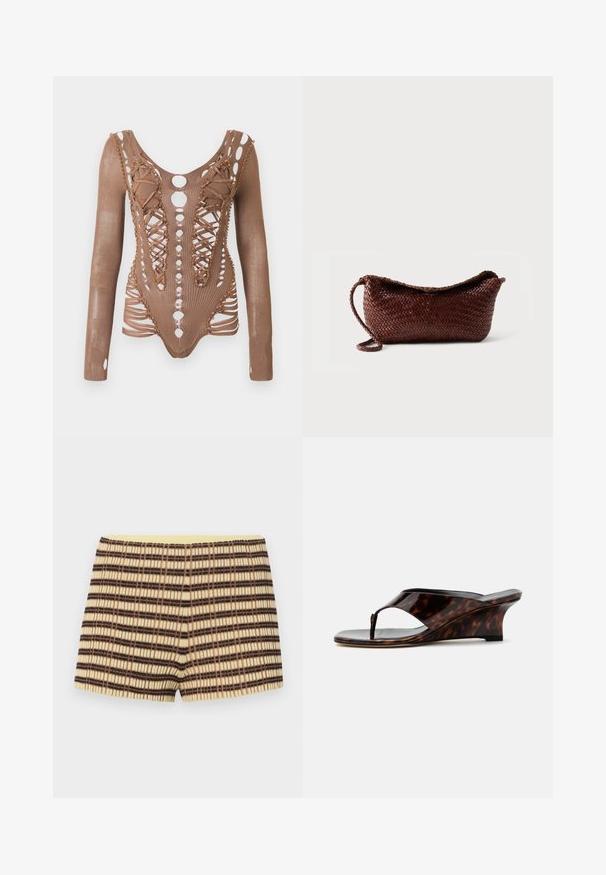 Langærmet brun mesh bodysuit med indviklede udskæringer, snørebånd foran og dekorerende perler langs kanterne mod en hvid baggrund.; strikkede shorts i beige med brune og sorte striber; har en ribbet tekstur og en elastisk gul talje.; Dame kilehælssandal med skildpaddemønster, åben tå og T-rem, vist fra siden på hvid baggrund.; Brun flettet lædertaske med en enkelt rem og buet top mod en ensfarvet hvid baggrund.