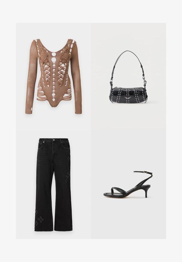 Bodysuit en maille marron à manches longues avec des découpes complexes, un devant lacé et des perles décoratives le long des bords sur un fond blanc.; Jeans en denim noir avec une coupe large, ornés de motifs croisés brodés dans une teinte plus claire. Design à cinq poches et fermeture à bouton.; Sandale pour femme en cuir noir avec fines lanières, une boucle d'orteil, une boucle à la cheville et un talon aiguille de hauteur moyenne sur un fond neutre.; Sac d'épaule en cuir verni noir orné de clous argentés disposés en rangées verticales et d'un petit emblème d'oiseau argenté au centre devant.
