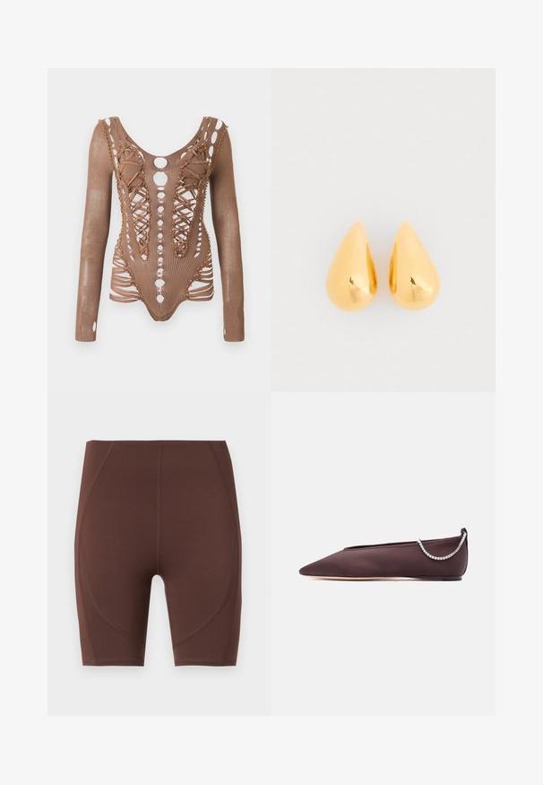 Langærmet brun mesh bodysuit med indviklede udskæringer, snørebånd foran og dekorerende perler langs kanterne mod en hvid baggrund.; Brune atletikshorts lavet af strækbart stof. Har høj talje, tætsiddende design og buede sømdetaljer langs siderne.; Mørkebrun flad sko med spids tå, lav hæl og en sølvfarvet rhinstenkæde detalje bagpå.; Guld dråbeøreringe med en glat, poleret overflade og afrundede bunde, der reflekterer lyset med en skinnende finish.