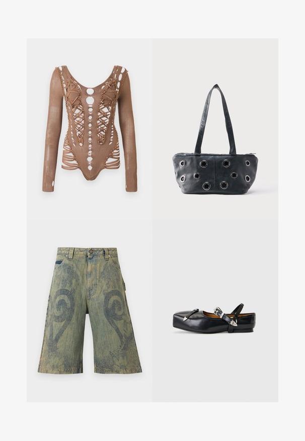 Langærmet brun mesh bodysuit med indviklede udskæringer, snørebånd foran og dekorerende perler langs kanterne mod en hvid baggrund.; Paolina Russo Denimshorts - sand; Sort læderflat sko med firkantet tå, to sølvspænderemme og en lav hæl på en lysegrå baggrund.; Sort læderhåndtaske med to håndtag og flere sølvfarvede metaløjer på frontpanelet, sat mod en ensartet lys baggrund.