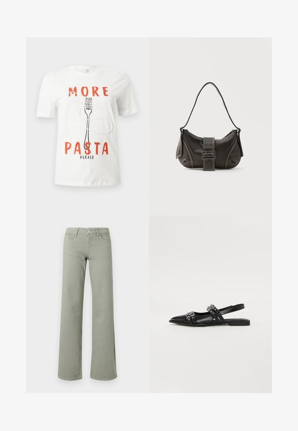 T-shirt blanc avec texte rouge "PLUS DE PÂTES SVP" et un graphique d'une fourchette noire enroulée de nouilles de pâtes blanches.; Pantalon droit taille haute vert clair avec ceinture, bouton, fermeture éclair, et poches avant et arrière sur fond blanc.; Even&Odd Ballerines à brides arrière - black; Sac à épaule en cuir noir avec une sangle à boucle, des bords arrondis et des coutures blanches contrastées sur un fond uni.