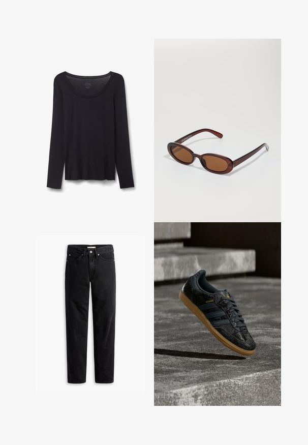 Sort let bomuldsskjorte med lange ærmer og rund halsudskæring, størrelse small, lagt fladt på hvid baggrund.; Sorte straight-leg jeans med knap- og lynlåslukning, bæltestropper samt for- og baglommer, vist fladt på hvid baggrund.; Sort Adidas Samba-sneaker med struktureret mønster, gummisål og guldlogo, placeret i luften over betontrin.; Runde, bruntonede solbriller med en glansfuld bordeauxramme. Slanke arme med diskret brandingdetalje. Flad linsedesign.