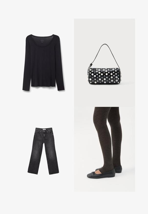 Sort let bomuldsskjorte med lange ærmer og rund halsudskæring, størrelse small, lagt fladt på hvid baggrund.; Sorte denimjeans med brede ben, for- og baglommer, knaplukning og bæltestropper, lagt fladt på en hvid baggrund.; Ben iført mørke ribbede leggings kombineret med sorte balletsko med små sløjfedetaljer på hvid baggrund.; Sort læderhåndtaske med rund form, dekoreret med sølvnitter. Har en aftagelig rem og lynlås. Glat tekstur.
