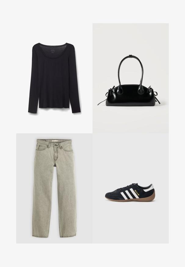 Camisa negra ligera de algodón con mangas largas y cuello redondo, talla pequeña, extendida sobre fondo blanco.; Vaqueros rectos de color gris claro con cierre frontal de botón y cremallera, trabillas para cinturón y diseño de cinco bolsillos.; Zapatilla de ante negra con tres rayas blancas, suela de goma y un pequeño logo dorado en el lateral. Cuenta con un forro interior negro liso.; Pequeño bolso negro brillante con dos asas largas y detalles de cordón lateral sobre un fondo claro liso.