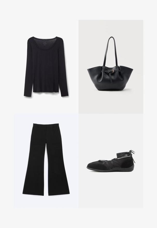 Camisa negra ligera de algodón con mangas largas y cuello redondo, talla pequeña, extendida sobre fondo blanco.; Pantalones negros de pierna ancha con trabillas y bolsillos laterales, exhibidos planos sobre un fondo blanco.; Zapato plano negro con correas envolventes en el tobillo y detalles en ante, diseñado para un ajuste seguro y un estilo minimalista.; Bolso tote de cuero negro con asas largas y una correa frontal con una pequeña hebilla dorada, sobre un fondo liso.