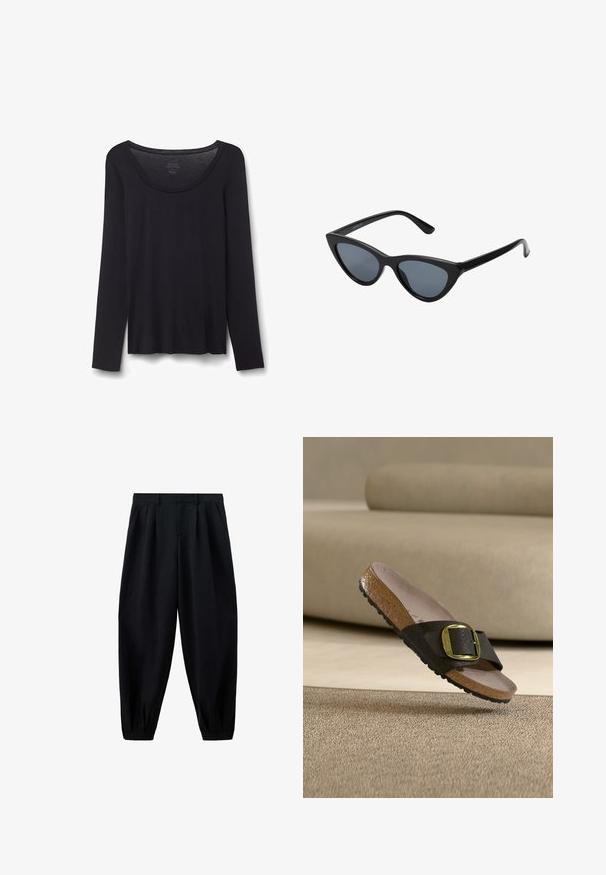 Camisa negra ligera de algodón con mangas largas y cuello redondo, talla pequeña, extendida sobre fondo blanco.; Pantalones negros de cintura alta y corte cónico con pliegues en la cintura y los bajos, y bolsillos laterales, mostrados sobre un fondo blanco.; Sandalia tipo 'slide' con suela de corcho marrón, tira negra texturizada y gran hebilla dorada, apoyada sobre una alfombra beige cerca de un sofá beige.; Gafas de sol negras en forma de ojo de gato con lentes gris oscuro, marco de plástico elegante, esquinas puntiagudas y patillas rectas. Sin herrajes ni acentos visibles.