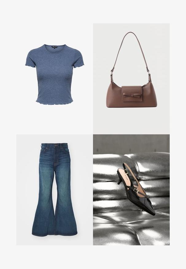 Sinisiä lyhythihaisia ribbineulottuja croptoppeja, joissa on aaltoilevat reunat hihoissa ja helmassa, pyöreä pääntie ja istuva siluetti.; Flared denim farkut keskitasoisessa sinisessä, joissa on korkea vyötärö, viiden taskun malli ja kontrastivärinen ommel. Sileä pinta, jossa on lievää haalistumista.; Musta patenttinahkainen slingback-kissanpenninkorkokengän kultaisten solkien kanssa, lepää kiiltävän hopeanvärisen, tikkauksilla koristellun nahkaverhoilun päällä.; Ruskea nahkainen olkalaukku, jossa on etutasku, jossa on ommeltu rusetti, sekä säädettävä hihna.