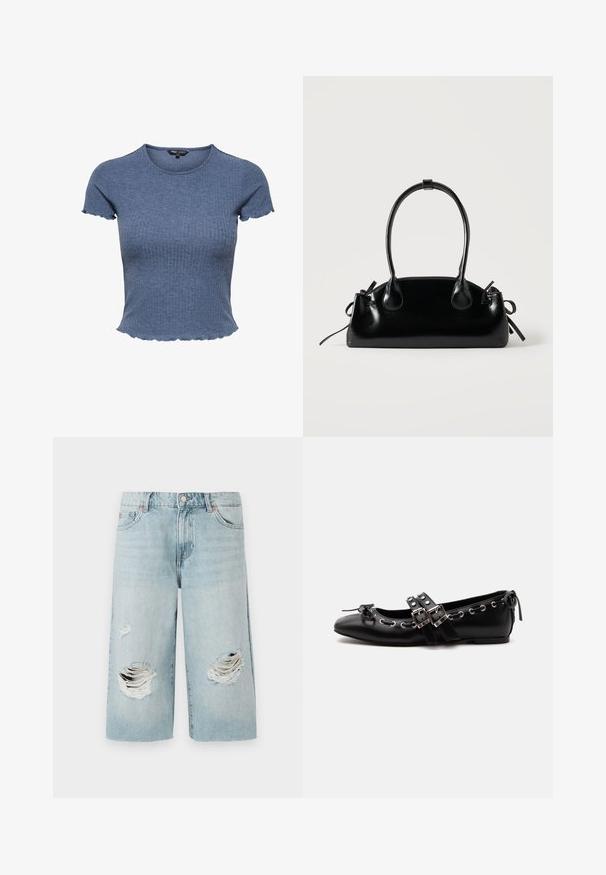 Top corto azul de punto acanalado de manga corta con bordes festoneados en las mangas y el dobladillo, cuello redondo y silueta ajustada.; Pantalones cortos de mezclilla azul claro con un corte holgado, que presentan dos grandes desgastes en la parte delantera. Cinco bolsillos y un cierre metálico visible.; Zapato de ballet plano negro con correas de doble hebilla, ojales plateados y un pequeño lazo cerca de la puntera redondeada sobre un fondo blanco.; Pequeño bolso negro brillante con dos asas largas y detalles de cordón lateral sobre un fondo claro liso.