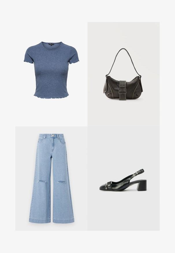 Top corto azul de punto acanalado de manga corta con bordes festoneados en las mangas y el dobladillo, cuello redondo y silueta ajustada.; Jeans de pernera ancha de color azul claro con una cintura alta, que cuentan con dos bolsillos frontales y dos detalles de rodillas rasgadas, elaborados en material de denim.; Tacón slingback de cuero negro con punta afilada, correa texturizada con acentos metálicos circulares y tacón cuadrado apilado.; Bolso de hombro de cuero negro con detalle de correa con hebilla, bordes curvos y costuras blancas en contraste sobre un fondo liso.