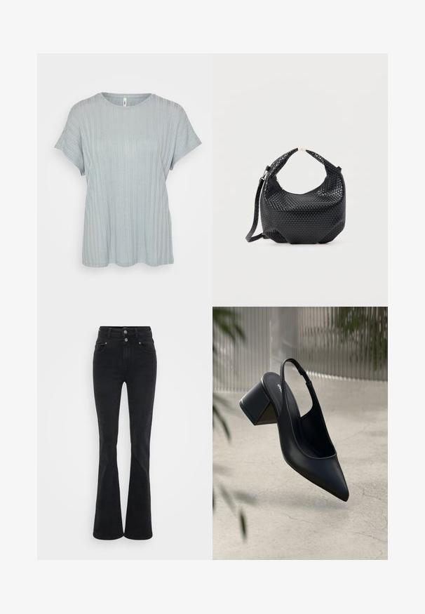 Camiseta de manga corta de color azul claro con un ajuste relajado y un escote redondo. Textura suave; caída ligera. El dobladillo es ligeramente curvado.; Vaqueros negros acampanados de mezclilla, con cintura alta, dos botones y bolsillos frontales. La tela tiene una textura suave con un ligero estiramiento.; Zapato de tacón slingback de cuero negro con punta afilada y tacón cuadrado. Textura suave, diseño minimalista y correa ajustable en el tobillo.; Bolso de mano de cuero negro trenzado con asa corta y correa de hombro desmontable, exhibido sobre un fondo claro y liso.
