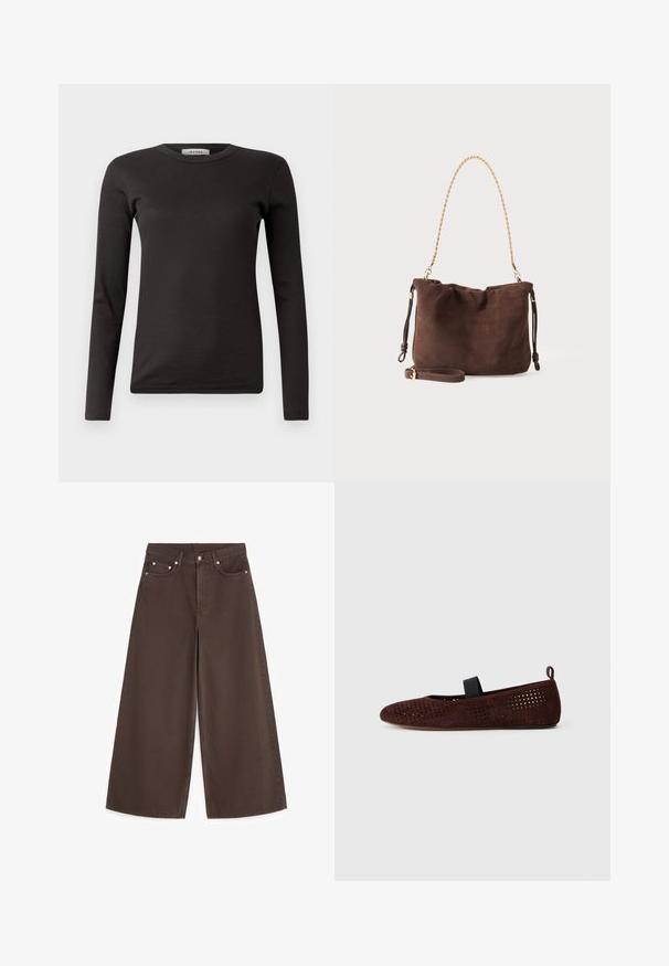 Sort langærmet ribbet t-shirt med rund hals og tætsiddende design. Lavet af et blødt bomuldsmateriale, velegnet til lag-på-lag stil.; Brune jeans med vidde ben og høj talje, med knap foran, lynlås og fem lommer, lagt fladt på hvid baggrund.; Brune ruskind ballet flad sko med perforeret design. Har en sort elastisk rem og en løkke ved hælen for nem påtagning.; Blød brun ruskindshåndtaske med guldkæde skulderrem og ekstra justerbar læderrem på ensartet lys baggrund.