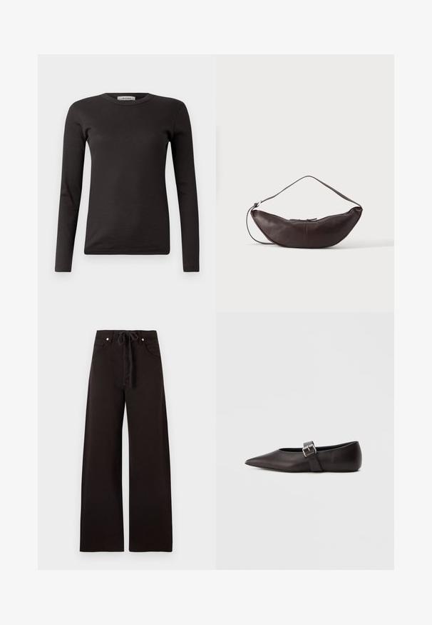 Čierne dlhé rukávy rebrované tričko s okrúhlym výstrihom a priliehavým strihom. Vyrobené z mäkkého bavlneného materiálu, vhodné na vrstvenie.; Čierne široké nohavice s prednými vreckami, pútkami na opasok a tkanicou v páse, zobrazené na jednofarebnom pozadí.; Čierna kožená balerína s špicatou špičkou, úzkym remienkom a kovovou prackou na boku. Hladká textúra s minimalistickým dizajnom.; Tmavohnedá kožená polmesiacová taška na rameno s oblúkovým pásikom a viditeľným prešitím na jednofarebnom pozadí.