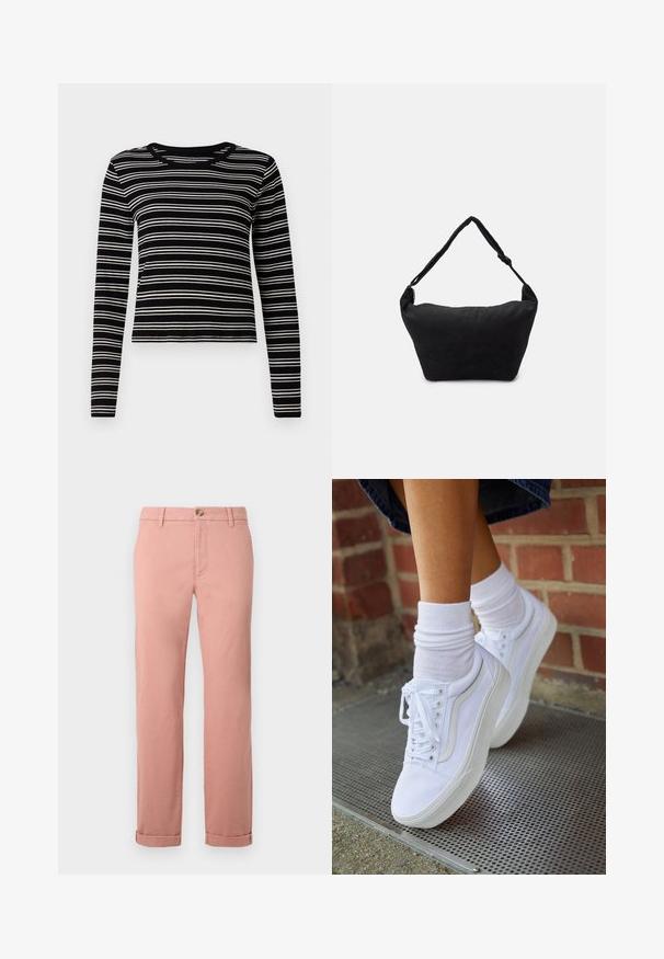 Haut à manches longues noir et blanc à rayures avec une texture côtelée et un col rond, présentant des rayures horizontales uniformes.; Chinos rose clair en coton avec des jambes droites, dotés d'une fermeture à bouton sur le devant, de passants de ceinture et de poignets retroussés. Texture lisse.; Baskets en toile blanches avec semelles en caoutchouc, dotées de six œillets, d'un bout rond et de détails de couture légers, portées avec des chaussettes blanches mi-mollet.; Sac à épaule en tissu noir avec une surface texturée douce, de forme arrondie et une seule sangle. Design minimaliste sans accessoires ni quincaillerie visibles.