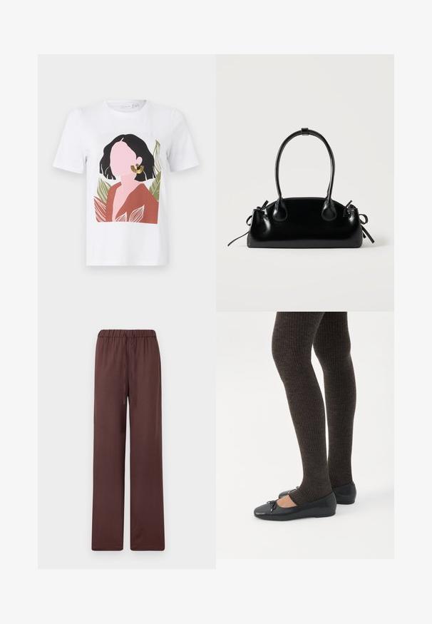 Hvid t-shirt med et grafisk design af en kvinde med sort hår, iført en brun top og guldørering, omgivet af grønne blade.; Brune bukser med vide ben, elastisk talje og snøre, lavet af blødt stof, vist på en ensfarvet lys baggrund.; Ben iført mørke ribbede leggings kombineret med sorte balletsko med små sløjfedetaljer på hvid baggrund.; Lille sort blank håndtaske med to lange håndtag og snøre-detaljer i siden på en ensfarvet lys baggrund.