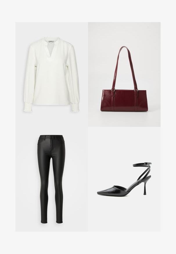 Haut à manches longues blanc avec un col en V et des poignets froncés. Fabriqué en tissu doux, il présente une coupe décontractée et une texture subtile. Étiquette de marque visible.; Leggings en simili cuir noir avec une texture lisse, un design ajusté, une taille mi-haute et un style classique à cinq poches.; Escarpin noir à bout pointu avec fines brides de cheville et fermeture à boucle argentée sur fond clair uni.; Sac à main bordeaux en matériau brillant, de forme rectangulaire, avec deux anses et des accents légèrement courbés à l'avant.