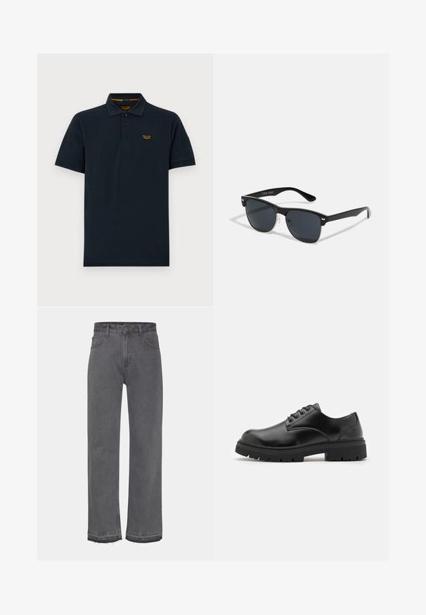 Mørk navy kortærmet poloshirt med tre knapper, krave og lille orange PME Legend logo på venstre bryst.; Grå bred ben jeans lavet af denim, med en falmet vask, en knaplukning og frynsede kanter. To sidelommer er synlige.; Sorte lædersko med rund tå, snørelukning og en tykk, struktureret gummisål. Har syninger langs kanten og en glat overflade.; Sorte solbriller med rektangulær form, mørke linser, sølvdetaljer ved tindingerne og en mat finish på stellet.